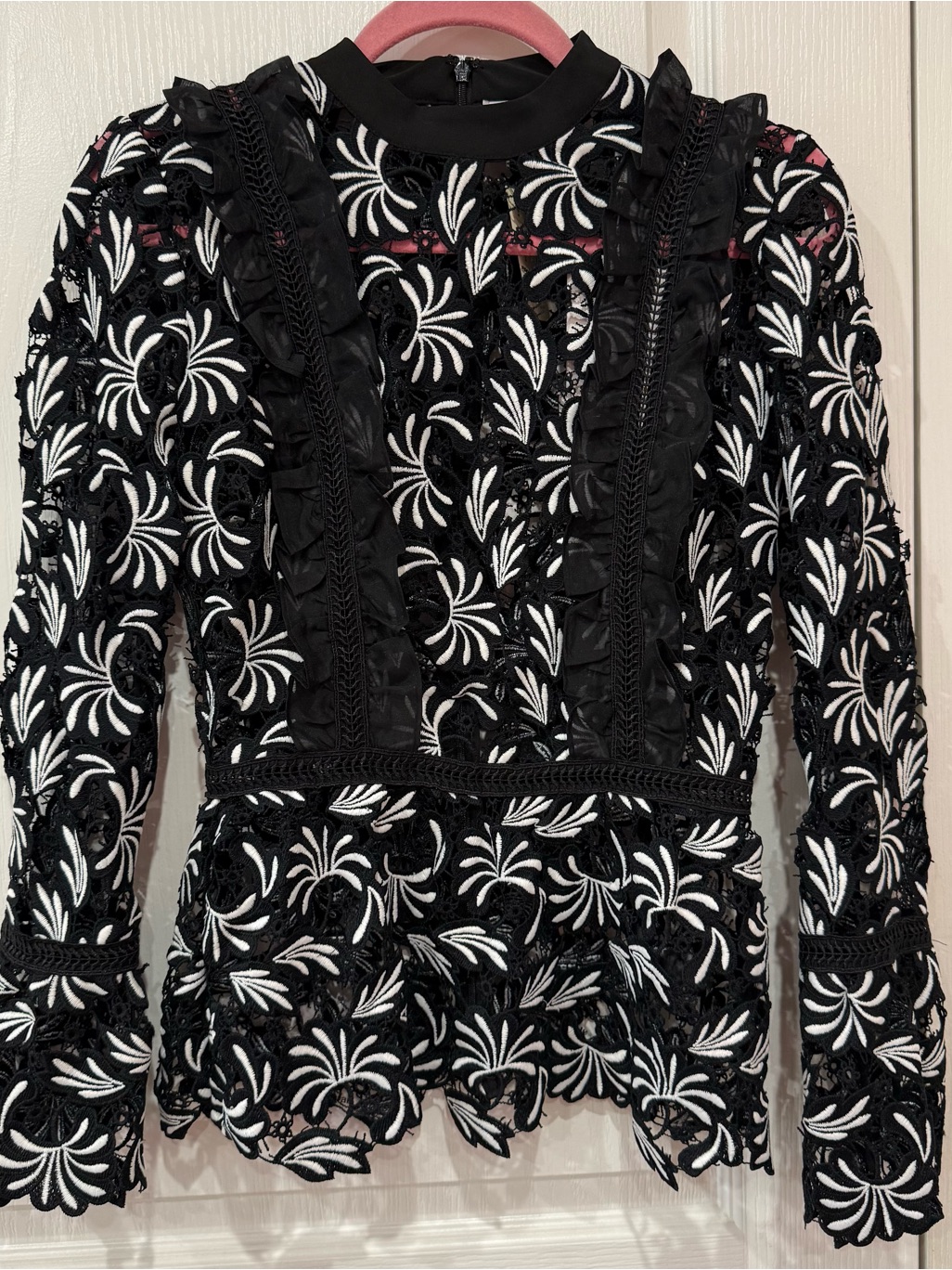 Self-Portrait Black And White Floral Embroidered Ruffle Blouse
